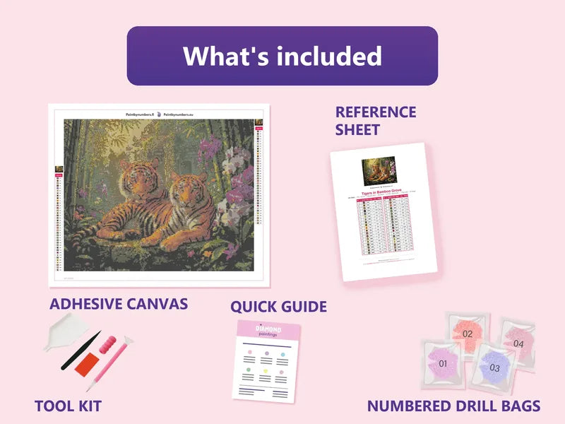 Tigers in Bamboo Grove 50x40cm diamond painting kit contents: adhesive canvas, color chart, tools and diamond bags