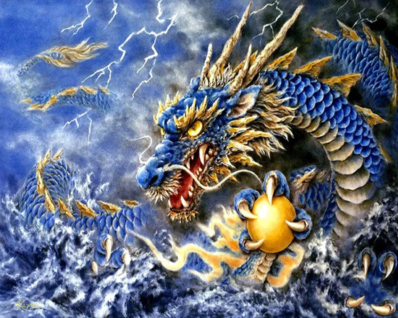 Blue dragon under the lightning sky.