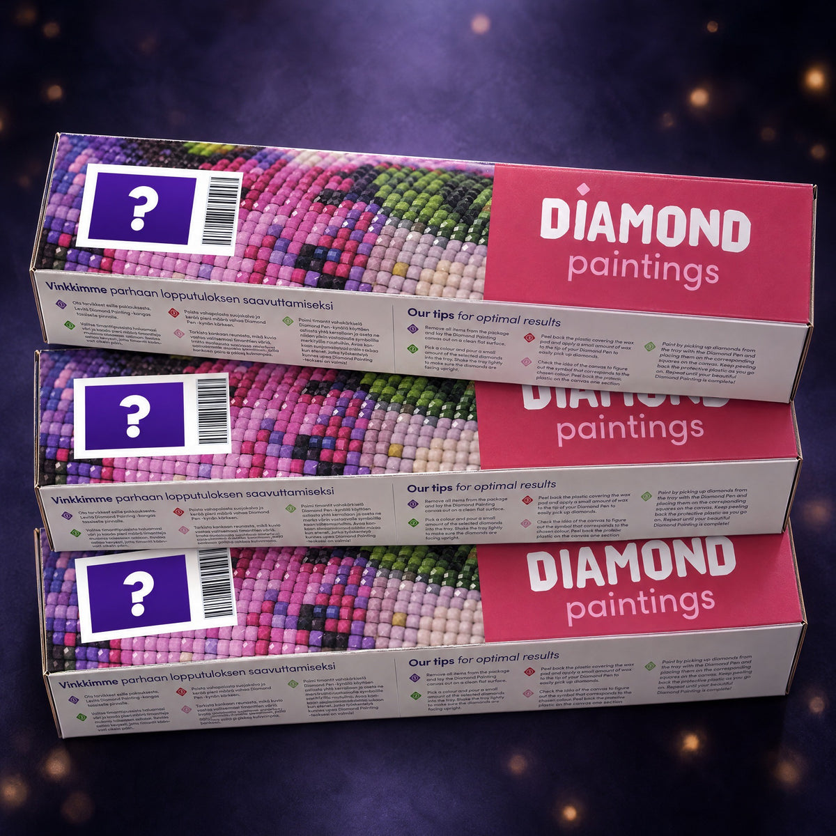 Three Diamond Paintings boxes with question marks on their labels