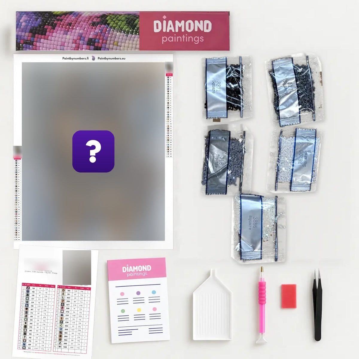 Contents of one diamond painting box: canvas, drills, pen, wax, tray and tweezers
