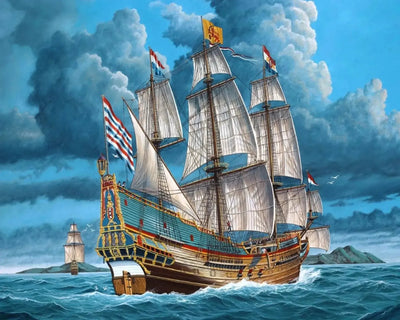 A warship sailing on a stormy sea