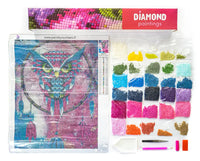 Thumbnail for Diamond painting set with colorful diamonds, tweezers, tools, and an owl-themed painting canvas.