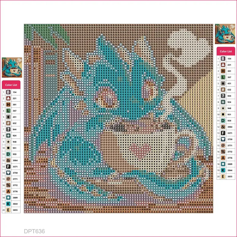 Diamond painting adhesive canvas preview - Tiny Dragon Guarding a Coffee Cup