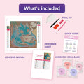 Thumbnail for What is included in the Tiny Dragon Guarding a Coffee Cup diamond painting kit - adhesive canvas, reference sheet, tools and numbered drill bags