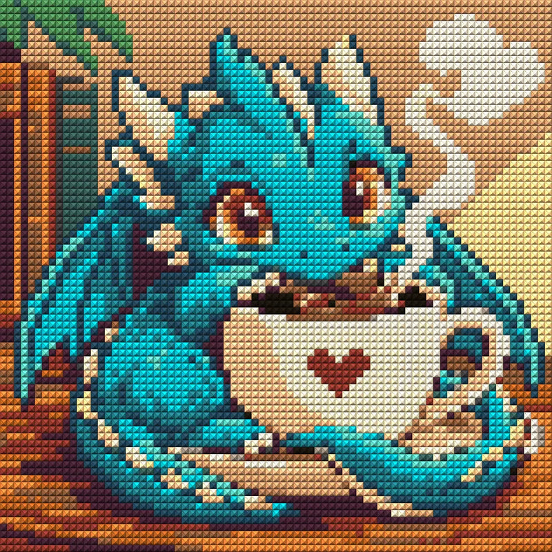 tiny dragon curled around a coffee cup, 20x20 cm diamond painting – full design preview