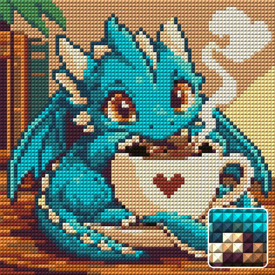 tiny dragon curled around a coffee cup, 20x20 cm diamond painting – design and close-up of square drills