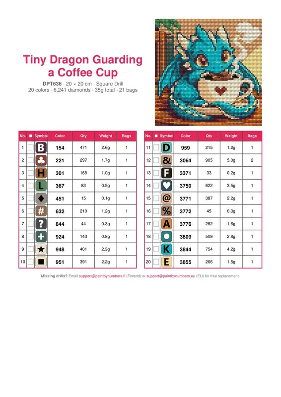 DMC color chart for Tiny Dragon Guarding a Coffee Cup diamond painting - 20 colors