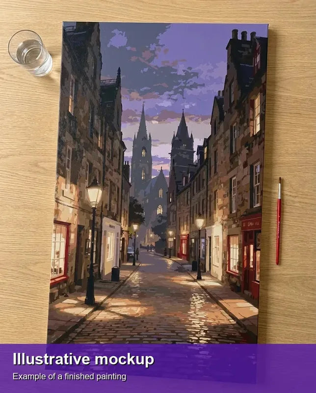 Valmiin numeromaalauksen havainnekuva - Cobblestone Street at Dusk 40x70cm