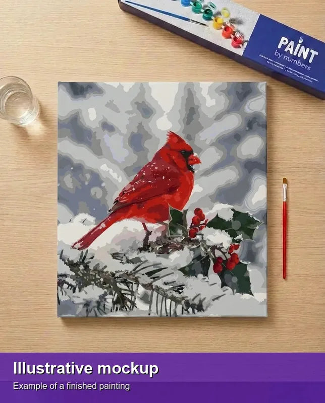 Valmiin numeromaalauksen havainnekuva - Red Cardinal in Snow 50x50cm