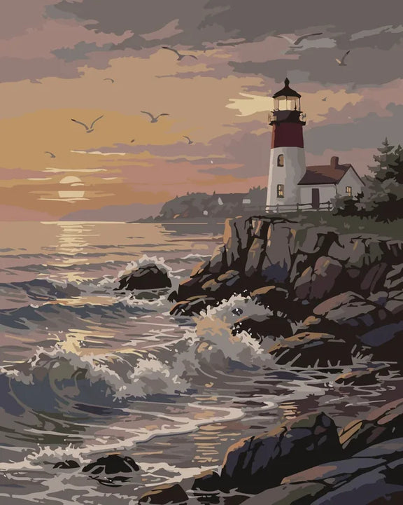 Lighthouse in a seascape at sunset paint by numbers