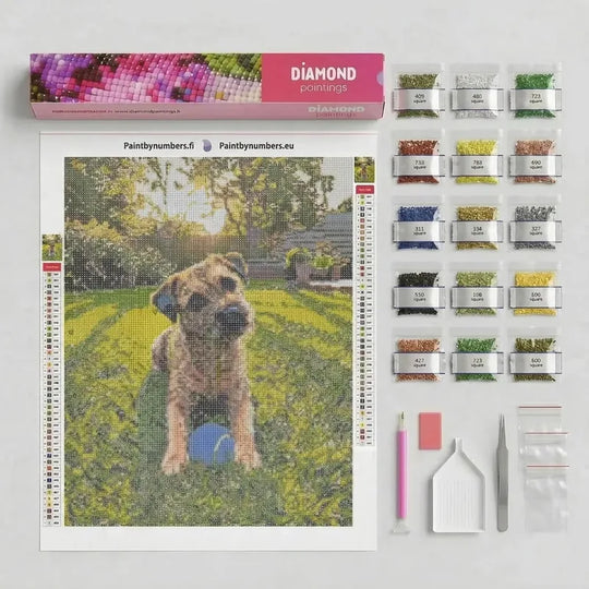 Contents of a diamond painting kit: canvas, drills sorted by colour in bags, drill pen, wax, sorting tray and tweezers