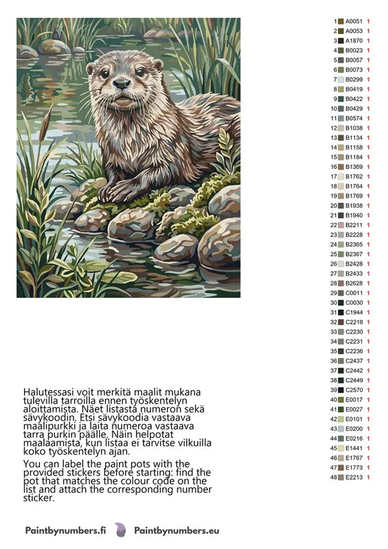 Paint by numbers color chart - Otter by Riverbank - väriluettelo ja ohjeet