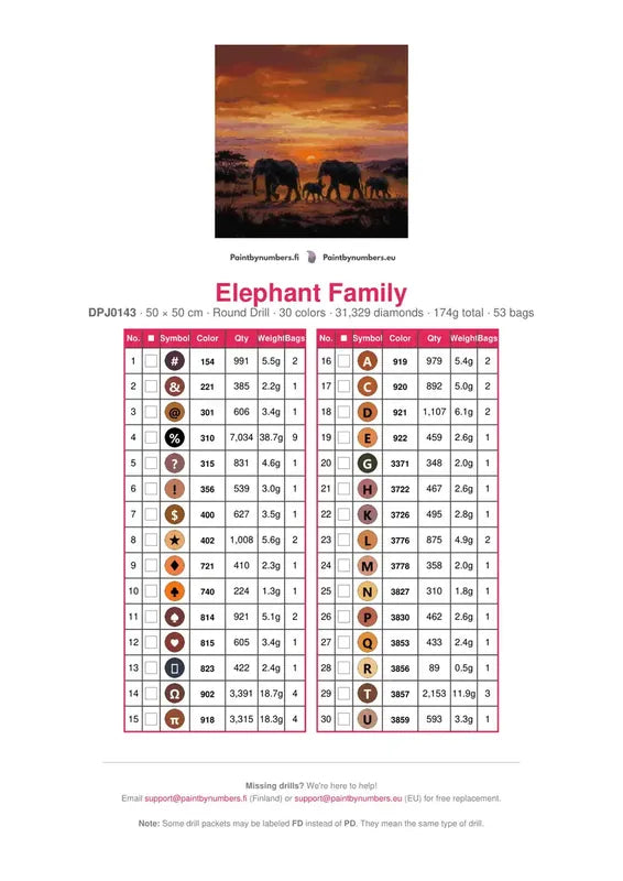 Elephant Family timanttimaalauksen värikartta – 30 DMC-väriä