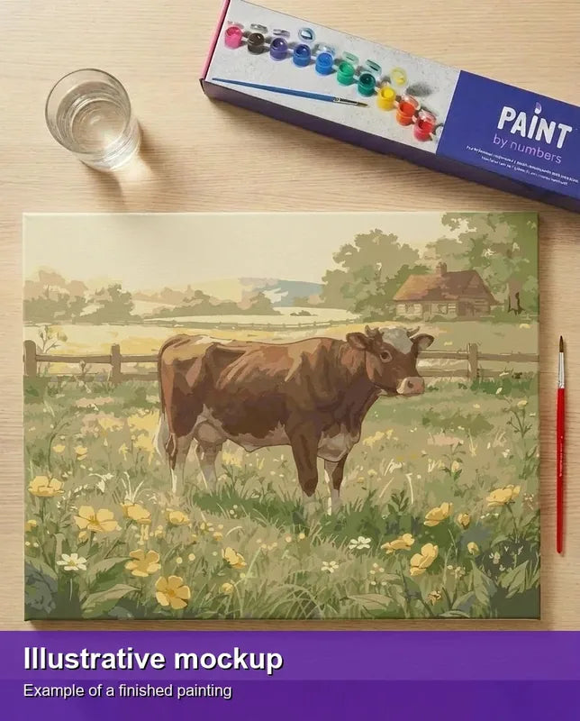 Valmiin numeromaalauksen havainnekuva - Cow in Meadow 50x40cm