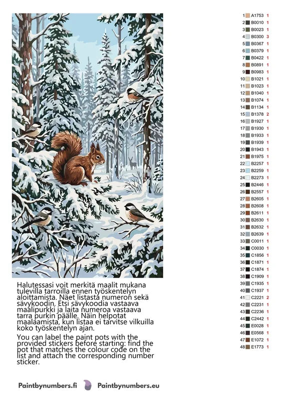 Värikartta ja ohjeet - Squirrel and Birds in Winter Forest 40x70cm