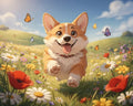 Thumbnail for Corgi-koira juoksemassa kukkakedolla perhosten ympäröimänä.