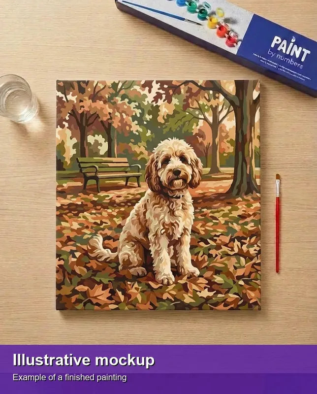 Valmiin numeromaalauksen havainnekuva - Dog in Autumn Park 50x50cm
