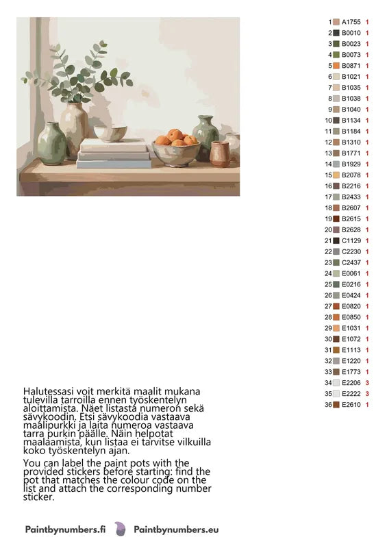 Paint by numbers color chart - Vases Books and Bowl - väriluettelo ja ohjeet