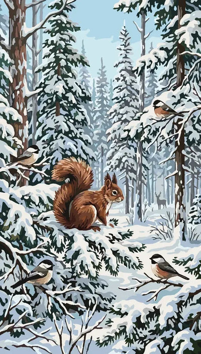 Orava ja tiaiset lumisessa metsässä numeromaalaus.