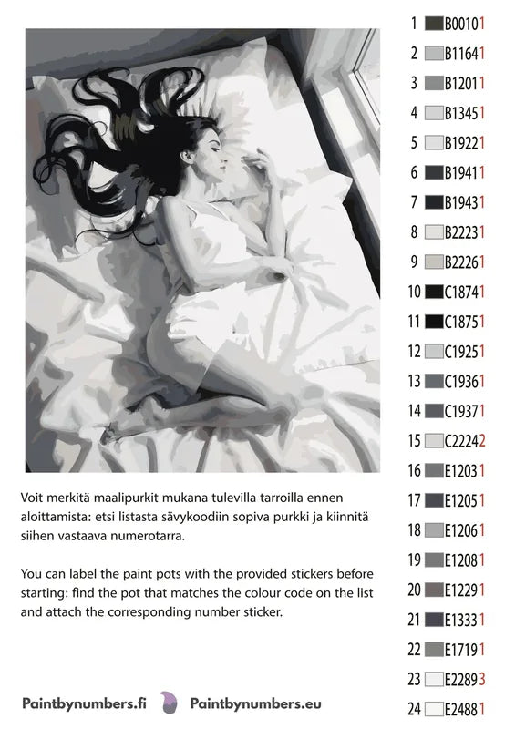 Paint by numbers color chart - Woman Sleeping in Bed - väriluettelo ja ohjeet