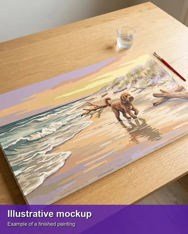 Valmiin numeromaalauksen havainnekuva - Dog on Beach 70x40cm