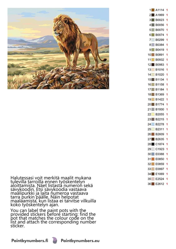 Paint by numbers color chart - Lion on Rocky Hill - väriluettelo ja ohjeet