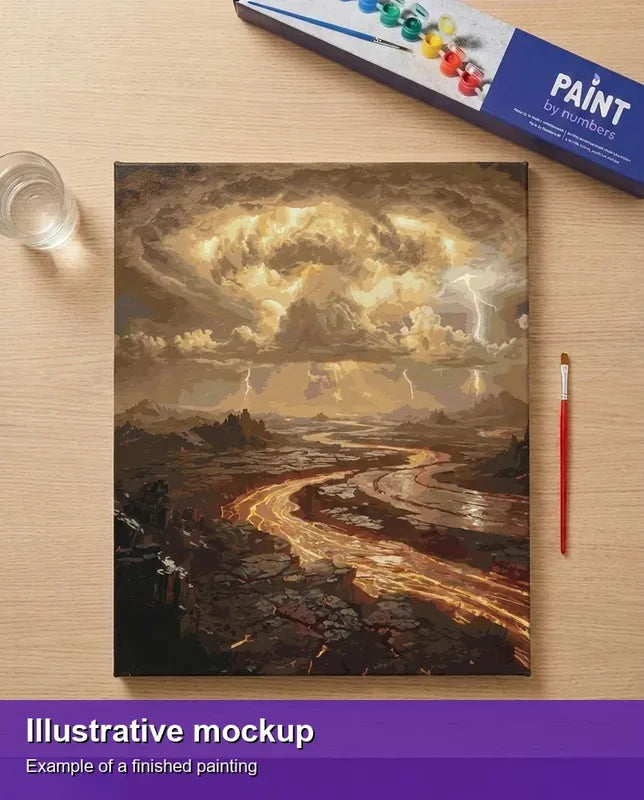 Valmiin numeromaalauksen havainnekuva - Stormy Landscape with Lava 40x50cm