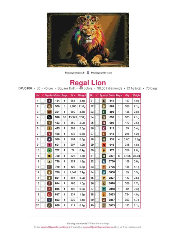 Regal Lion timanttimaalauksen värikartta – 40 DMC-väriä