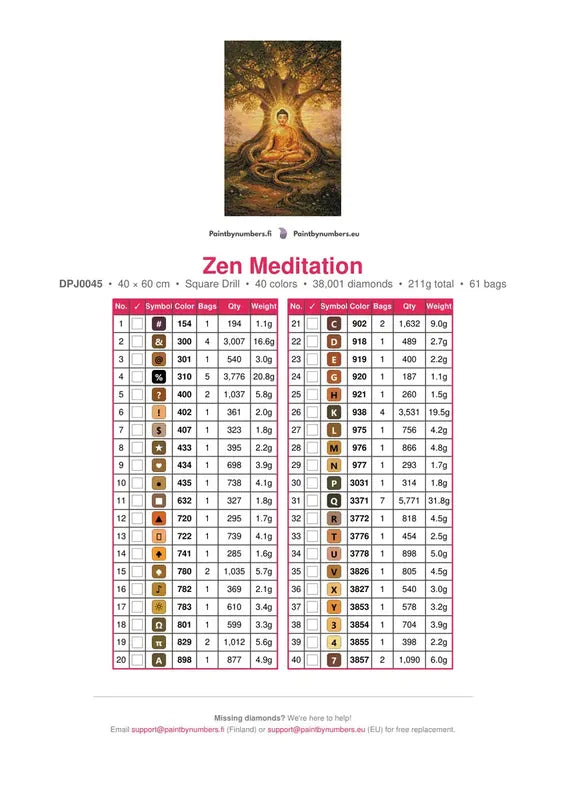 Zen Meditation timanttimaalauksen värikartta – 40 DMC-väriä
