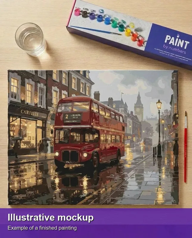 Valmiin numeromaalauksen havainnekuva - Red Bus on Rainy Street 50x40cm
