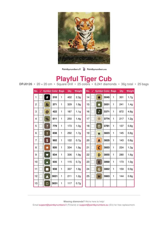 Playful Tiger Cub timanttimaalauksen värikartta – 25 DMC-väriä