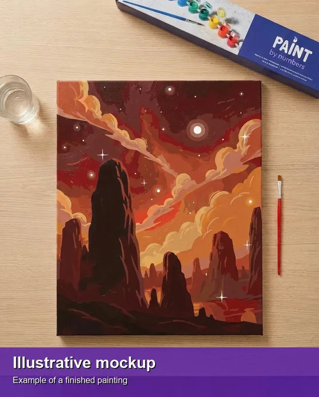 Valmiin numeromaalauksen havainnekuva - Red Rock Landscape Night 40x50cm