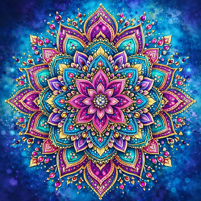 Kiehtova ja värikäs mandala sinisellä taustalla