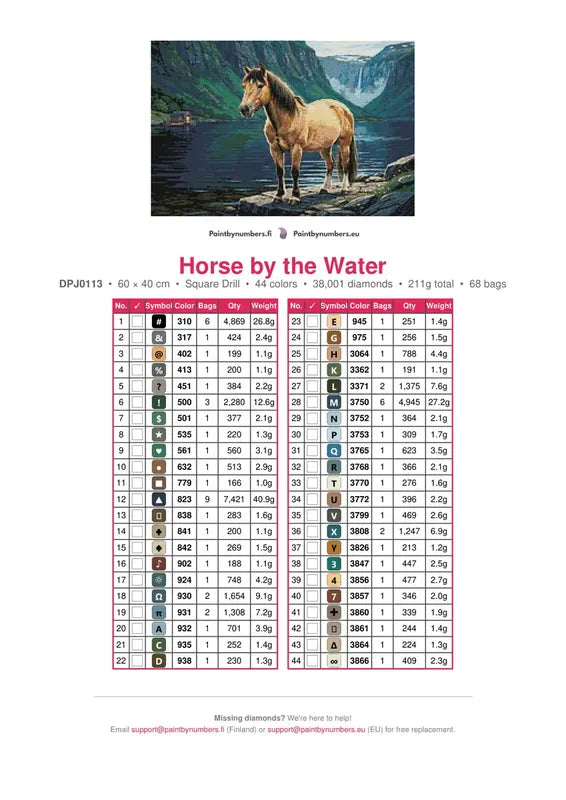 Horse by the Water timanttimaalauksen värikartta – 44 DMC-väriä