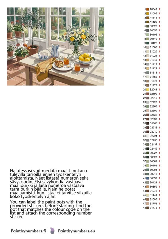 Paint by numbers color chart - Breakfast in Sunroom Still - väriluettelo ja ohjeet