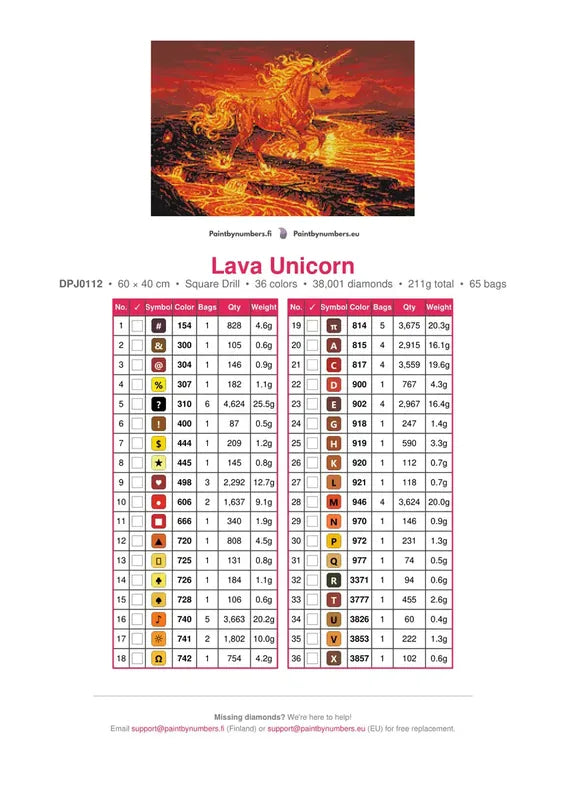 Lava Unicorn timanttimaalauksen värikartta – 36 DMC-väriä