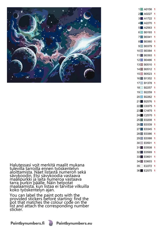 Paint by numbers color chart - Planets and Nebulae - väriluettelo ja ohjeet