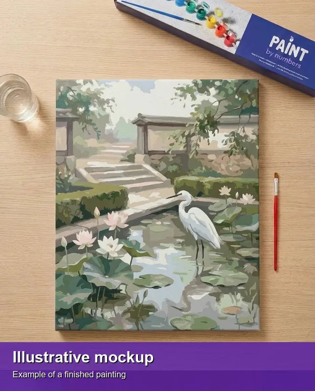 Valmiin numeromaalauksen havainnekuva - White Heron in Garden Pond 40x50cm