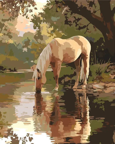 Paint by numbers of a light-colored horse drinking water by a calm forest river.