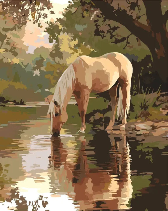 Paint by numbers of a light-colored horse drinking water by a calm forest river.