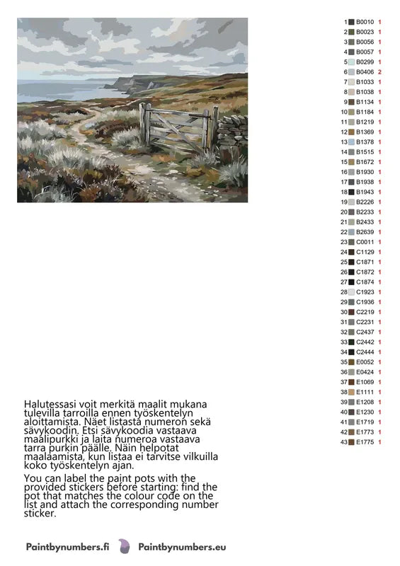 Paint by numbers color chart - Coastal Path and Wooden Gate - väriluettelo ja ohjeet