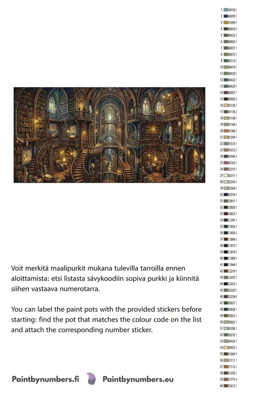 Paint by numbers color chart - Multi-level Library Interior - väriluettelo ja ohjeet
