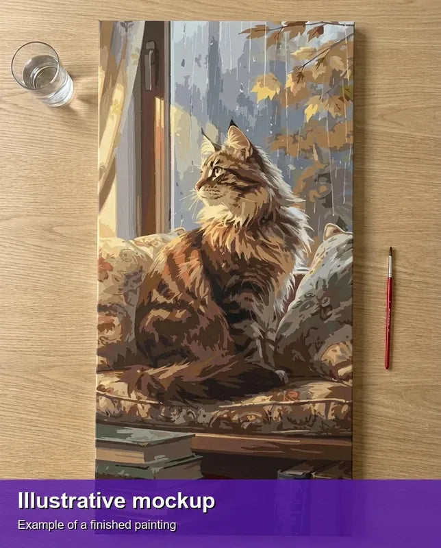 Valmiin numeromaalauksen havainnekuva - Tabby Cat by Window 40x80cm