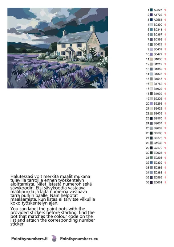 Cottage and Lavender Field numeromaalauksen värikartta ja ohjeet