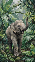 Thumbnail for Baby elephant in the jungle Paint By Numbers. Rainy rainforest, green leaves.