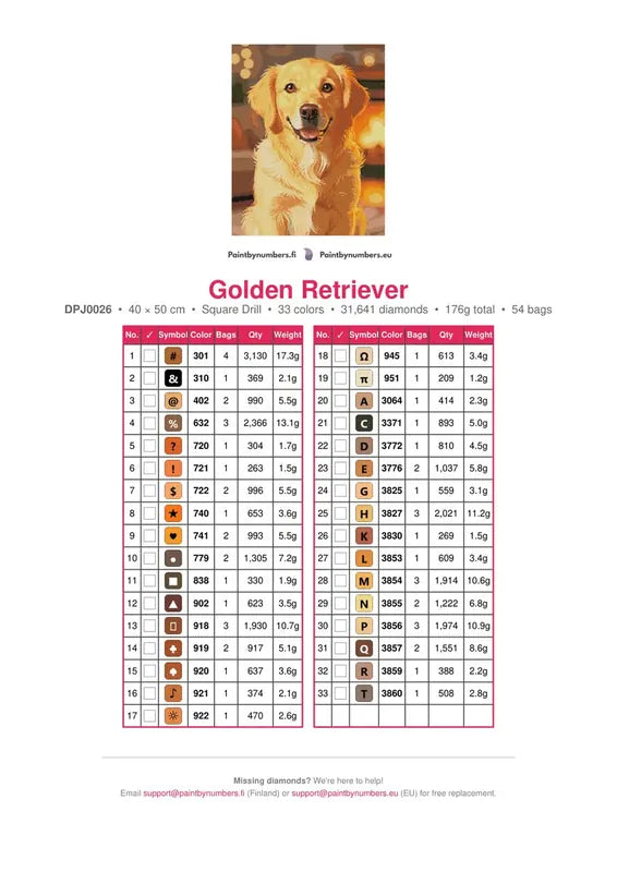 Golden Retriever timanttimaalauksen värikartta – 33 DMC-väriä