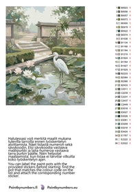 Thumbnail for Paint by numbers color chart - White Heron in Garden Pond - väriluettelo ja ohjeet