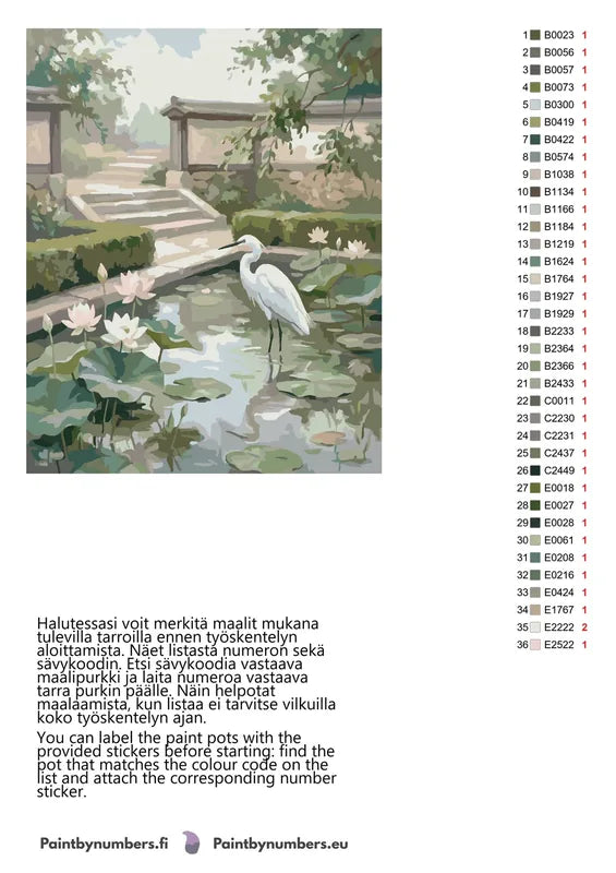 Paint by numbers color chart - White Heron in Garden Pond - väriluettelo ja ohjeet
