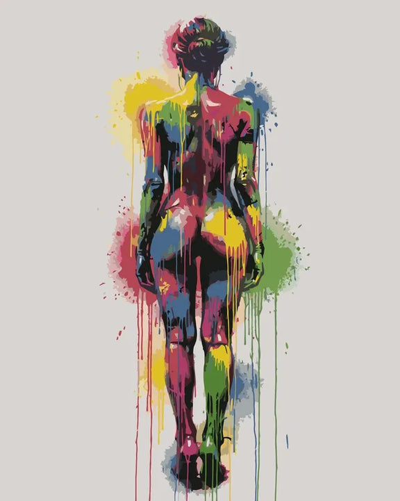 Colorful woman seen from behind with splashes of color paint by numbers
