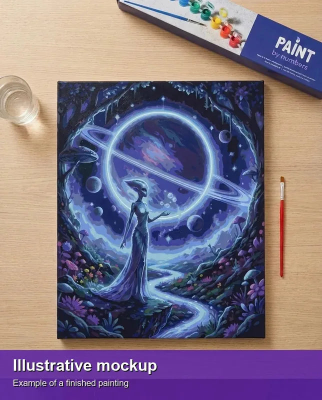 Valmiin numeromaalauksen havainnekuva - Alien with Ringed Planet 40x50cm